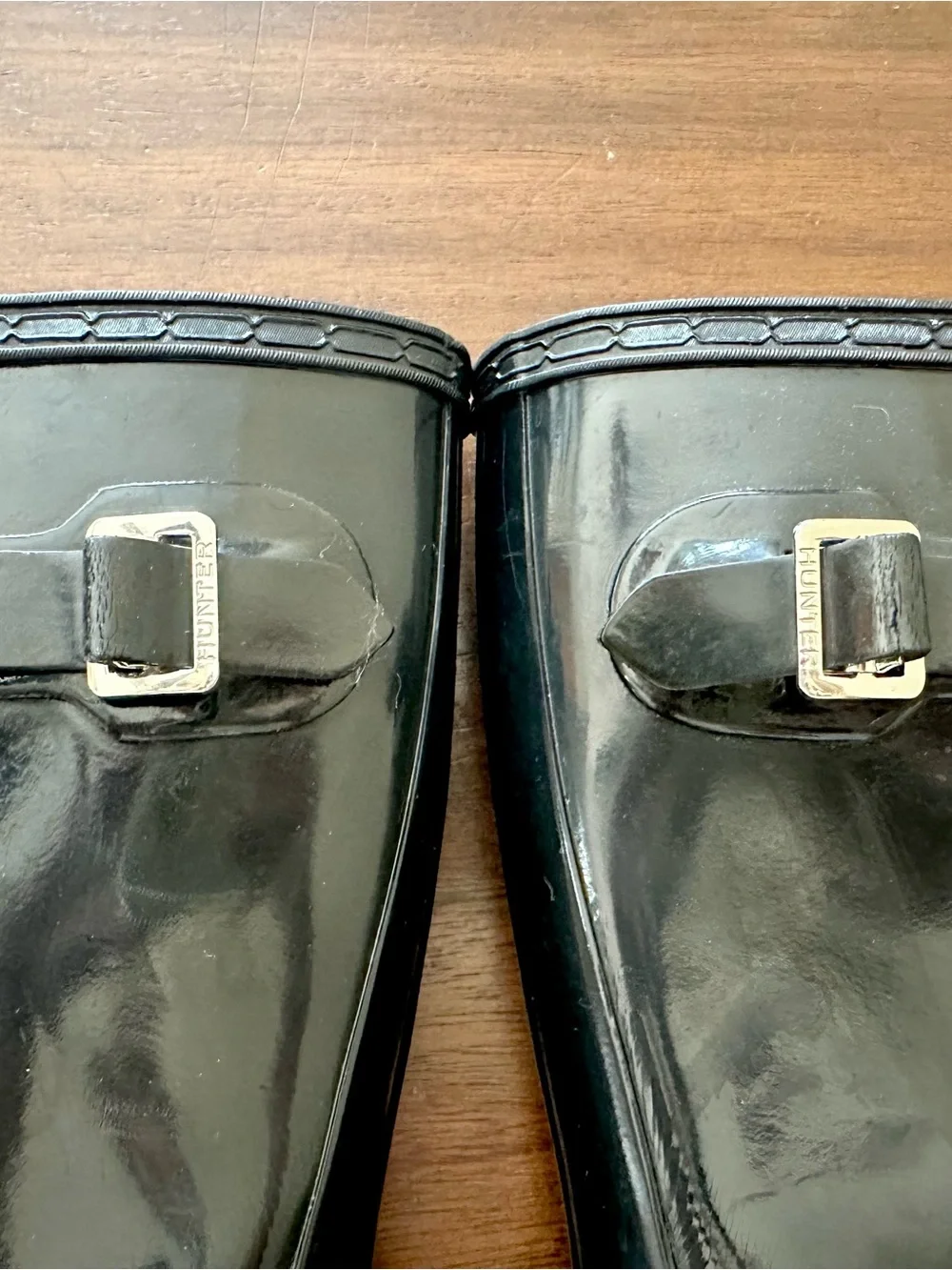 Hunter Black Gloss Mid-Calf Rain Boots with Side Buckle, Sz 8
